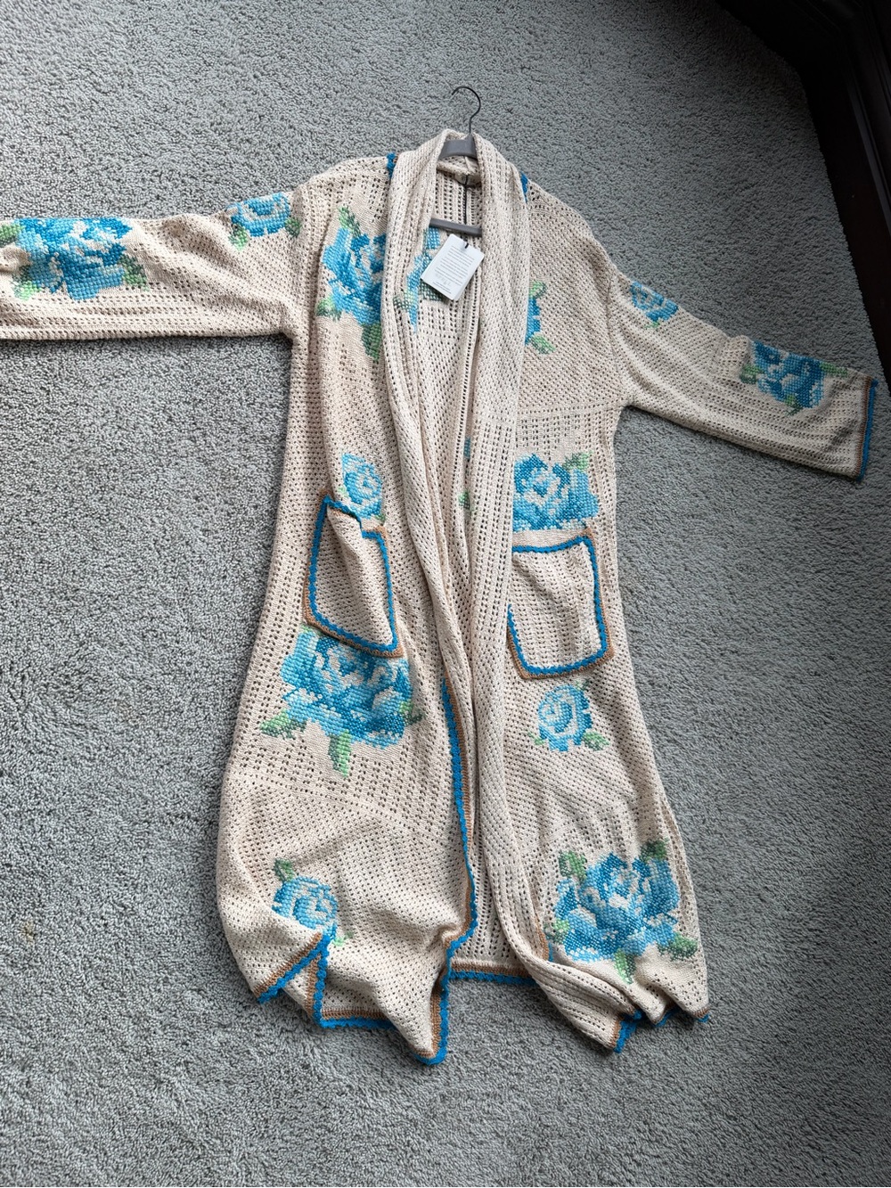 Spell Beige Crochet Cardigan with Blue Floral Embroidery